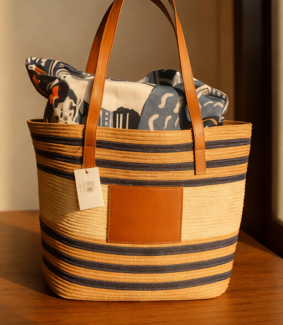 Striped Woven Tote Bag