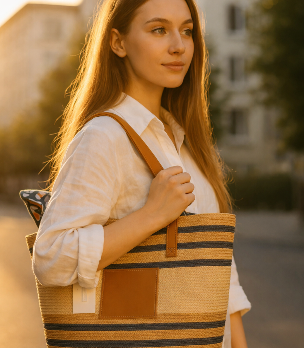 Striped Woven Tote Bag