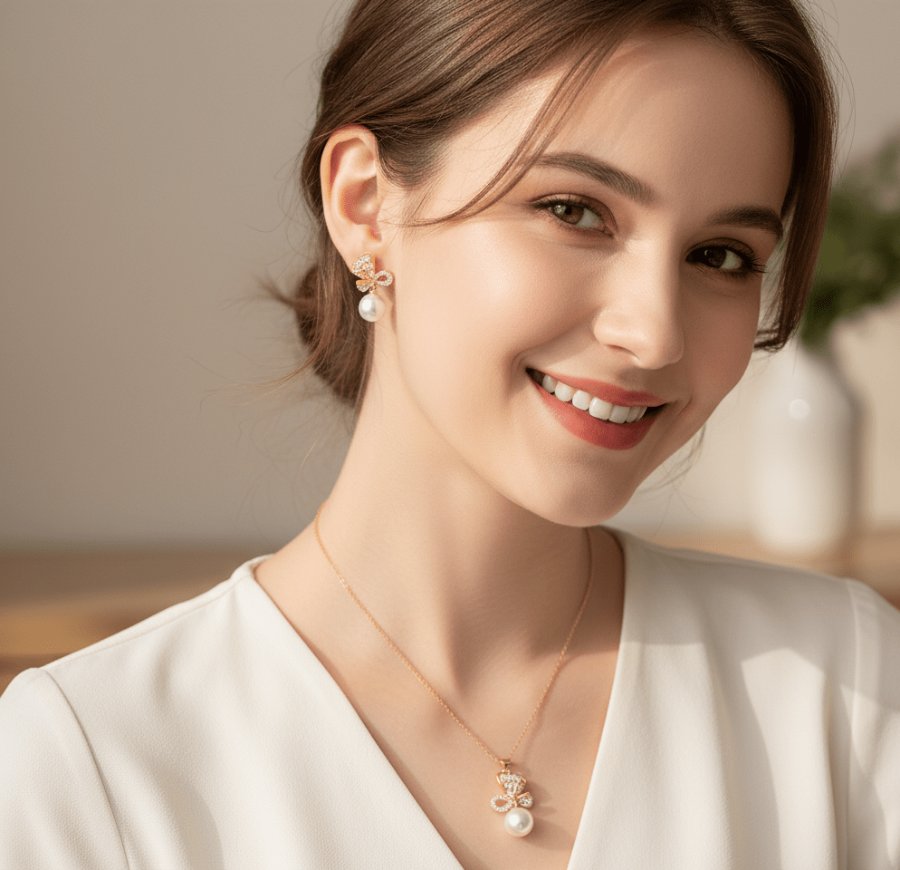 Crystal Bow Pearl Jewelry Set