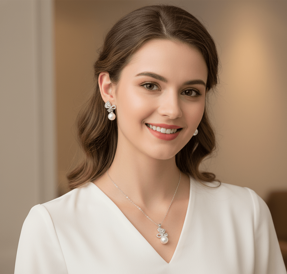 Crystal Bow Pearl Jewelry Set