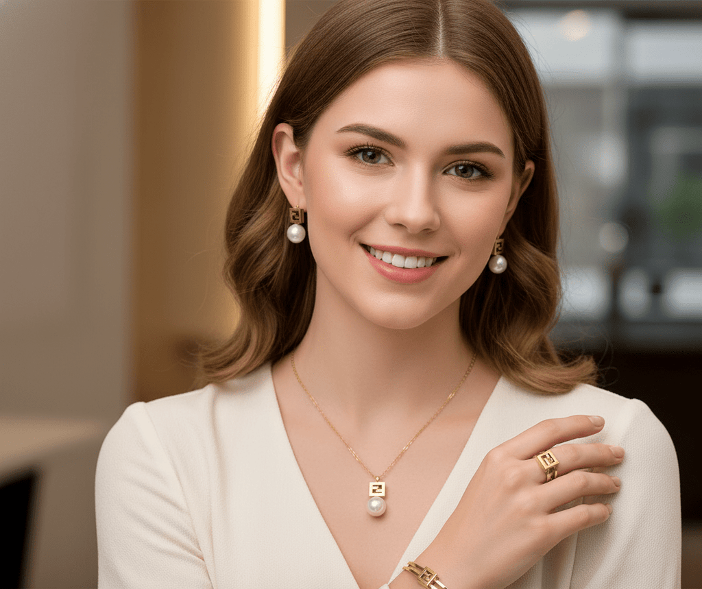 Pearl Drop Square Pendant Jewelry Set